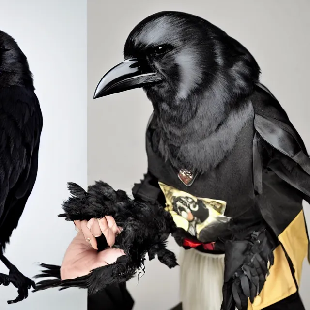 Image similar to a person wearing a fursuit of a crow fursona, fursona, photograph, furry fandom, photorealistic,