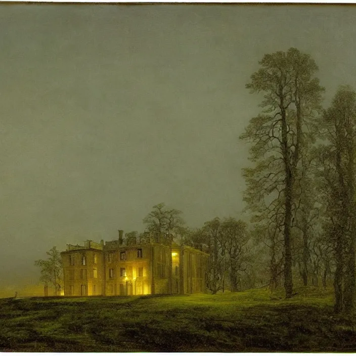 Image similar to painting of a mansion on the moorland by caspar david friedrich, at night, eerie, supernatural