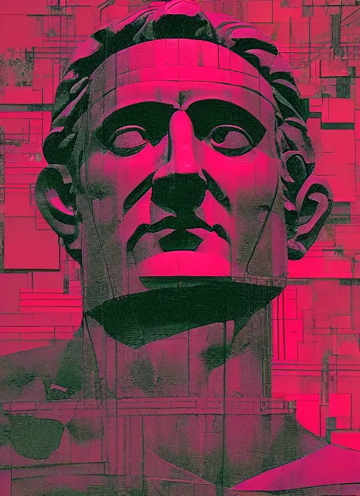 Image similar to black background with subtle red and purple design elements, statue of julius caesar, nekro, modern design, collage art, thin lines, dark, glitch art, neo vaporwave, gritty, layout frame, trending on artstation