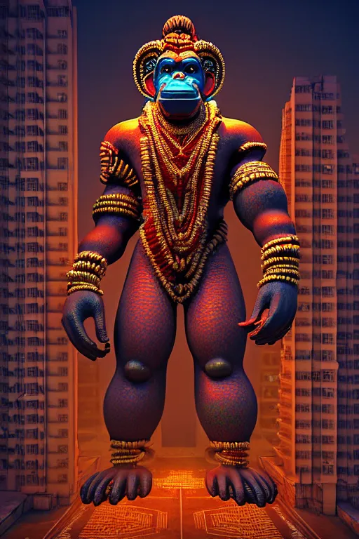 Image similar to high quality 3 d render post - rococo cyberpunk hanuman! head building, neon madhubani, highly detailed, in sci - fi mumbai, cinematic smooth unreal engine, lee madgwick & liam wong, dramatic light, low angle, uhd 8 k, sharp focus