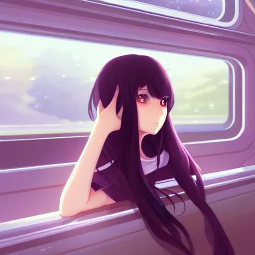 Image similar to a beautiful girl with long dark hair, sitting alone inside of a train, sharp focus, intricate, digital painting, artstation, official media, anime key visual, highly detailed, rich vivid colors, ambient lighting, illustration, art by Artgerm, Makoto Shinkai, Ilya Kuvshinov, Lois Van Baarle, and Rossdraws