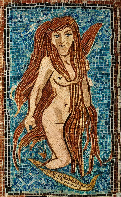 Prompt: ancient roman mosaic of beautiful gingerhead mermaid with long tail, dolphins, fishes stylised, symmetrical, minimal, octane, dynamic light