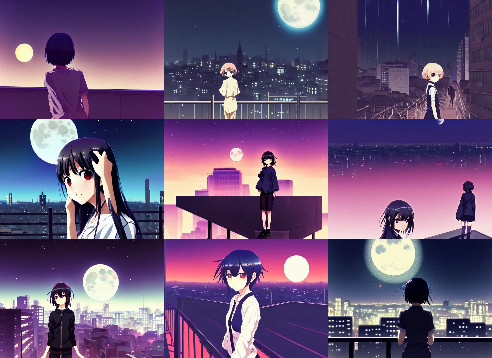 Prompt: anime visual, dark portrait from a distance of a cute girl sightseeing above the city at night, guardrails, moon, cute face by ilya kuvshinov, yoshinari yoh, makoto shinkai, katsura masakazu, moody, dynamic perspective pose, detailed facial features, kyoani, rounded eyes, crisp and sharp, cel shade, lomography