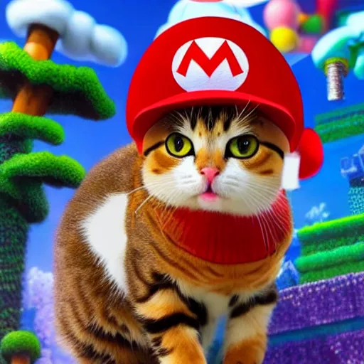 Prompt: A beautiful oil painting of a Kawaii Cat wearing a Super Mario Hat, nintendo, box art, intricate, volumetric lighting, summer, hyperrealistic, colorful, hyperdetailed.