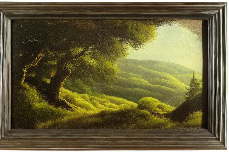 Prompt: masterpiece painting of oak trees on a hillside overlooking a creek, dramatic lighting, by john howe