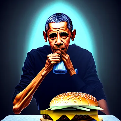 Image similar to barrack obama eating a cheese burger sitting on the iron throne, highly detailed, perfect lighting, perfect composition, 8 k, artgerm, derek zabrocki, greg rutkowski