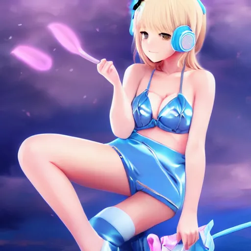 Prompt: full body shot : a very beautiful young blond anime girl with bunny headphones, sky blue eyes,, bikini, miniskirt, highly detailed, cinematic wallpaper by stanley artgerm lau