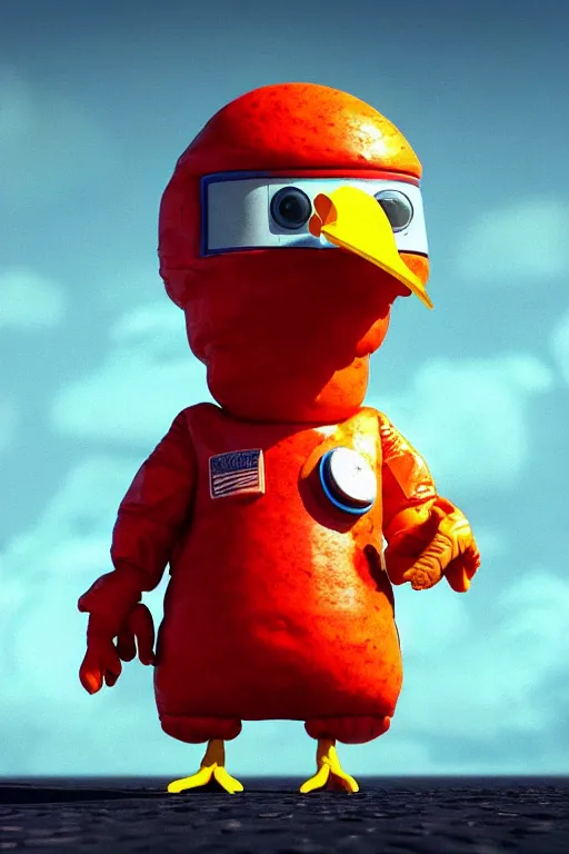 Image similar to a lonely chicken wearing a space suit without helmet in a alien planet, profile picture, digital art, concept art, trending on DeviantArt, highly detailed, high quality, 4K, cartoon, high coherence, path traced, blue sky in the background, octane render, digital painting, no helmet, masterpiece, anatomically correct, hyperrealistic