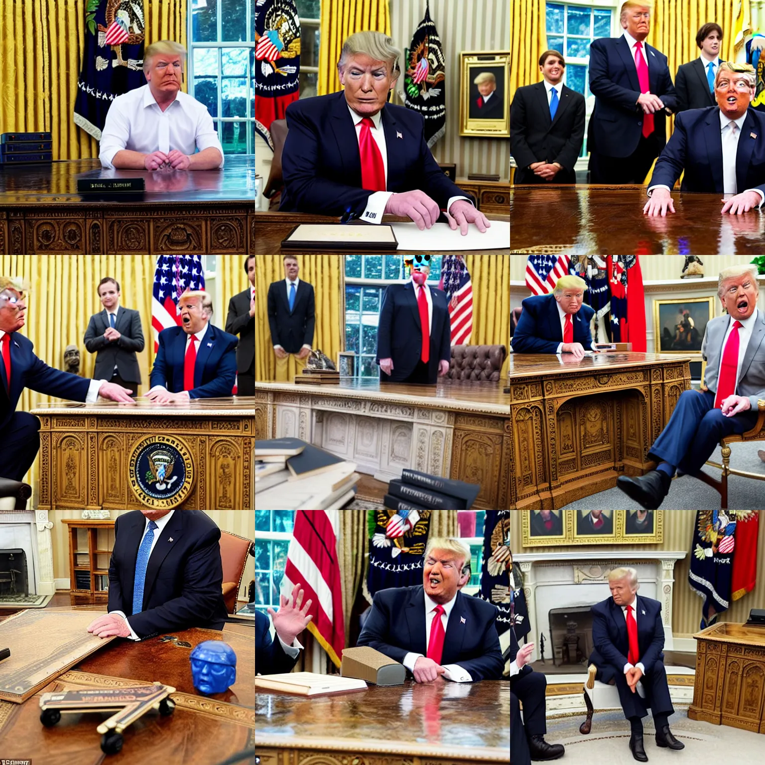 Prompt: donald trump shows off his tech deck skills at the oval office, hand skating, radical moves on the president's desk