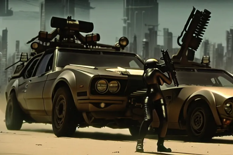 Prompt: masamune shirow movie still from ghost in the shell dieselpunk mad max mustang mach 1 with guns installed makoto shinkai takashi takeuchi studio ghibli, akihiko yoshida