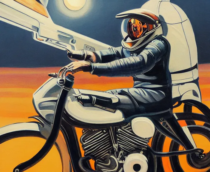 Image similar to a very detailed painting of a astronaut wearing a suit, riding a motorbike down a street, harley davidson motorbike, worm's - eye view, very fine brush strokes, very aesthetic, very futuristic, in the style of edward hopper and grant wood and syd mead, 4 k,