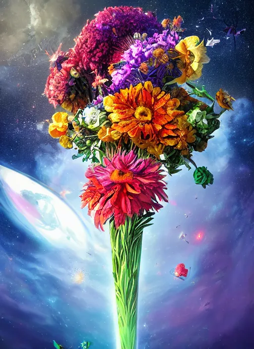 Prompt: An epic fantastic realism comic book style painting of the most beautiful flowers launched into space, bouquets, glorious galactic collision, sharp focus, fisheye, unreal 5, DAZ, hyperrealistic, octane render, dynamic lighting