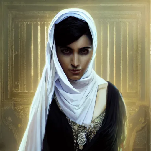 Prompt: a Photorealistic dramatic hyperrealistic render of an arab ameera al taweel, blue eyes, black hair, white veil,by WLOP,Artgerm,Greg Rutkowski,Alphonse Mucha, Beautiful dynamic dramatic dark moody lighting,shadows,cinematic atmosphere,Artstation,concept design art,Octane render,8K