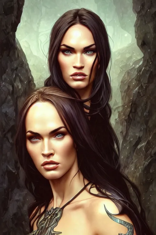 Image similar to portrait of megan fox as an elven mage, dark, piercing eyes, gentle expression, elegant clothing, photorealistic, highly detailed, artstation, smooth, sharp focus, art by michael whelan, artgerm, greg rutkowski and alphonse mucha