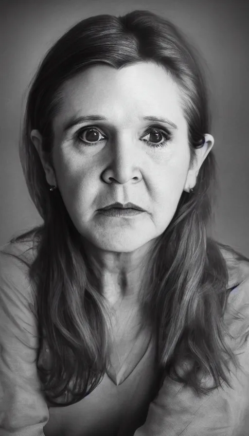 Prompt: a portrait of young carrie fisher with a slight smile, in the style of paul cadden, dirk dzimirsky, alyssa monks, dramatic studio lighting, 3 5 mm f 1. 4 lens, octane render 8 k