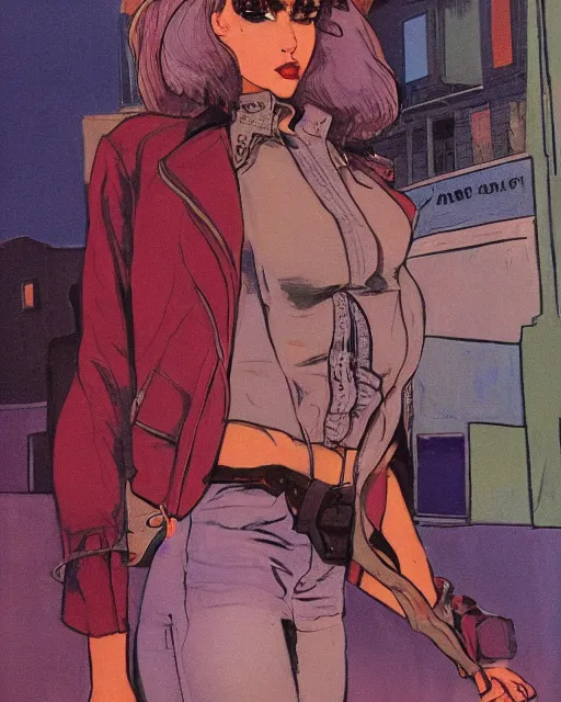 Image similar to young female protagonist in leather jacket, city street, artwork by ralph bakshi