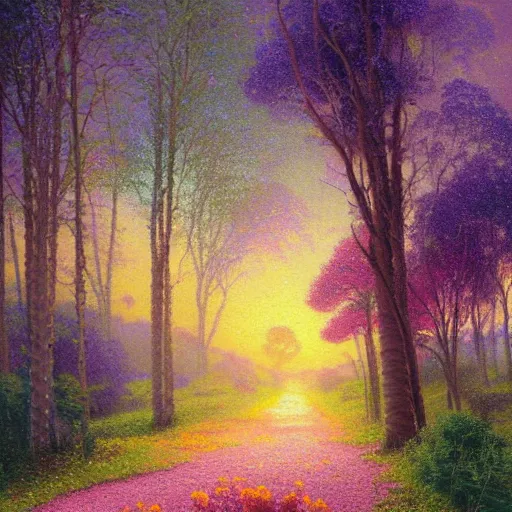 Prompt: a dreamy painting of a dirt road surrounded by eucalyptus trees and california golden poppies, violet woodland hill in the distance, violet sunset. an oil painting by thomas kinkade and peter mohrbacher, green orange violet triadic color palette, featured on deviantart, australian tonalism, pre - raphaelite, impressionism, detailed painting,