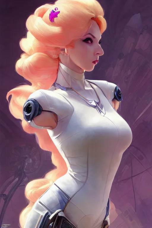 Image similar to gta princess peach as aeon flux profile picture by greg rutkowski, dynamic pose, intricate, futuristic, fantasy, elegant, by stanley artgerm lau, greg rutkowski, thomas kindkade, alphonse mucha, loish, norman rockwell, fantasy lut, asymmetric, long hair, retro computer graphics, video game, fluid lines,