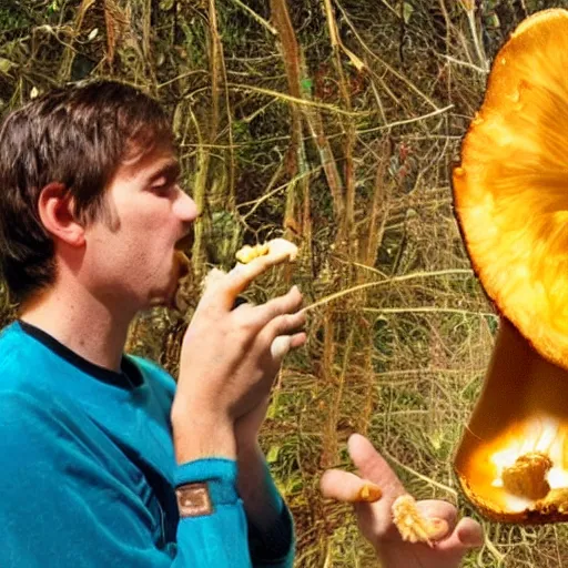 Prompt: human consuming a golden teacher mushroom and realizing everything is connected