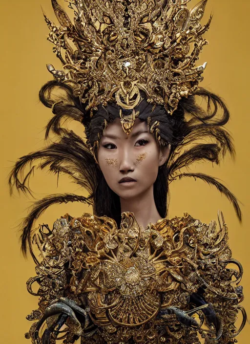 Image similar to a portrait of asian female by stefan geselle and nekro borja, photorealistic, intricate details, hyper realistic, fantasy, elegant, baroque gold headpiece, photorealistic, canon r 3, photography, wide shot, symmetrical features, symmetrical pose, wide angle shot, head to toe, standing pose, feet on the ground, wearable art