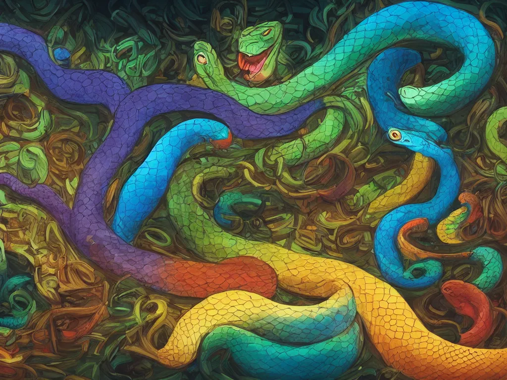 Prompt: A dark room with a large colored snake in the center of it. Colorful, very beautiful matte painting.