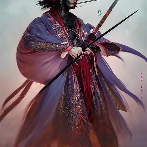 Image similar to an epic portrait of insane kabuki male wielding a spear covered in a distorting aura, intricate purple hakama, poofy red wig, eerie, highly detailed, dark fantasy, shallow depth of field, art by artgerm and greg rutkowski