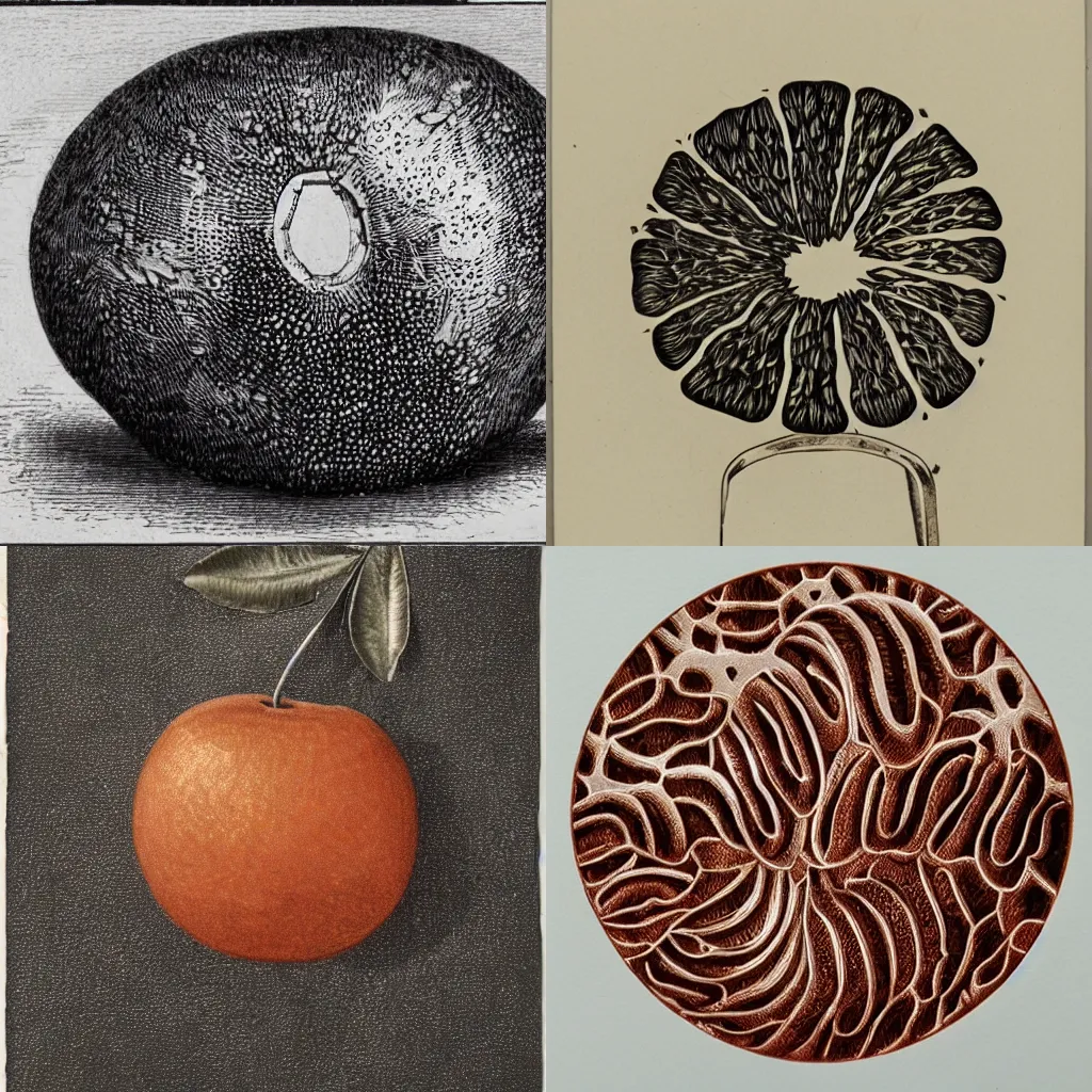 Prompt: a fruit made from metal , copper etching