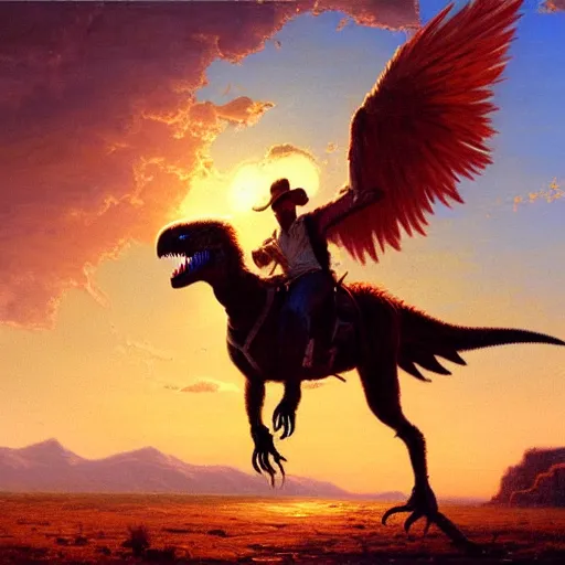 Prompt: a cowboy riding a utahraptor at sunset by Alfred Bierstadt, oil painting, highly detailed, artstation