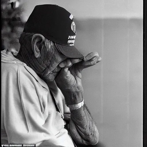 Prompt: An old male patient at the Veterans Affairs Hospital waits for his appointment, he sits in a chair, frustrated, eyes closed, head down, wearing a baseball cap that is tilted down and covering most of his face, photograph