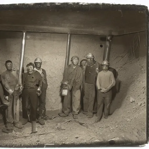 Image similar to a diverse group of alienated mine workers in a mine shaft, sepia, vintage photo, pinhole camera