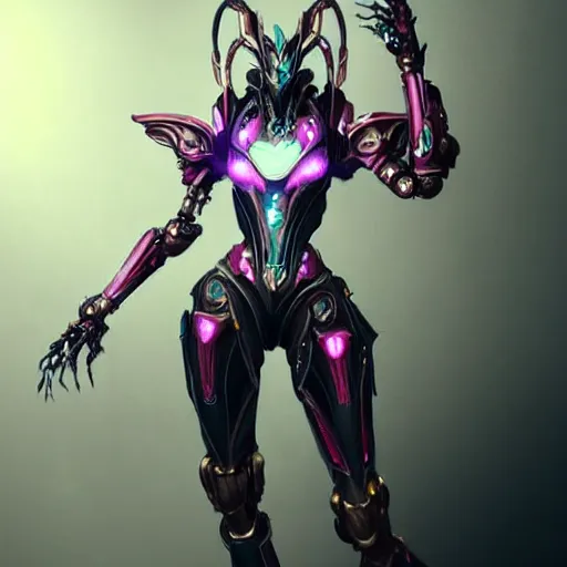 Image similar to highly detailed realistic exquisite fanart, of a beautiful female warframe, but as an anthropomorphic elegant robot female dragon, glowing eyes, shiny and smooth off-white plated armor, bright Fuchsia skin beneath the armor, sharp claws, well designed robot dragon dragon hands, and sharp elegant robot dragon feet, royal elegant pose, full body and head shot, epic cinematic shot, professional digital art, high end digital art, sci fi, DeviantArt, artstation, Furaffinity, 8k HD render, epic lighting, depth of field