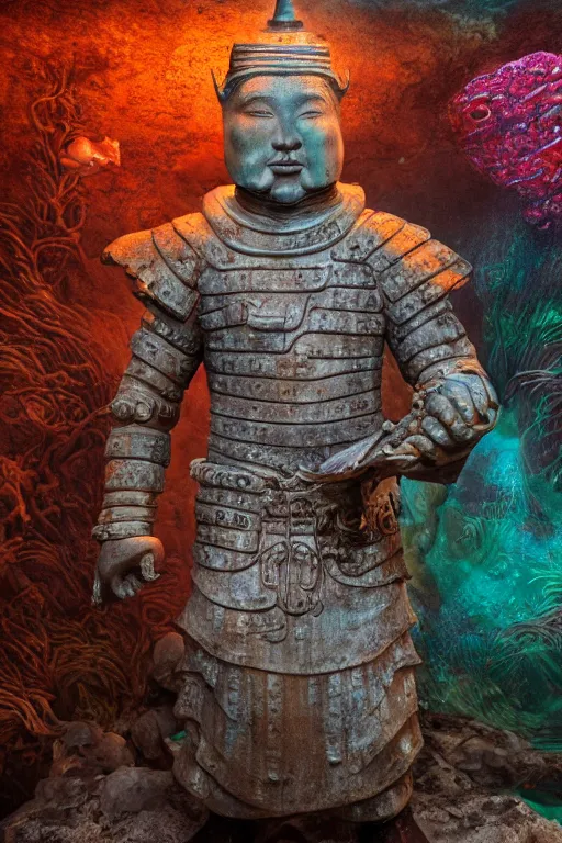 Image similar to a stunning ultra detailed underwater fantasy fine art photo of a granite statue of a terracotta warrior holding a glowing lamp, surrounded by colorful fishes, by tomasz alen kopera and anna dittman, water bubbles, very detailed, deep depth of field, 5 0 mm lens, soft lighting, artstation, highly coherent, 8 k