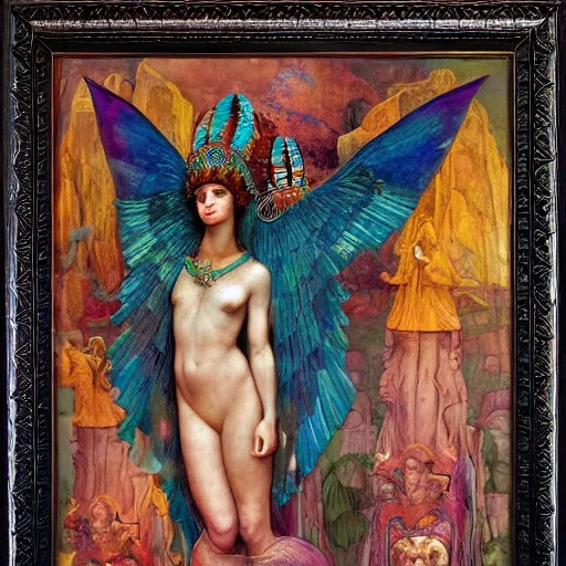 Image similar to goddess of the lost city, by Annie Swynnerton and Diego Rivera and Tino Rodriguez and Maxfield Parrish, elaborate headdress and embroidered velvet, iridescent beetles, rich color, dramatic cinematic lighting, extremely detailed