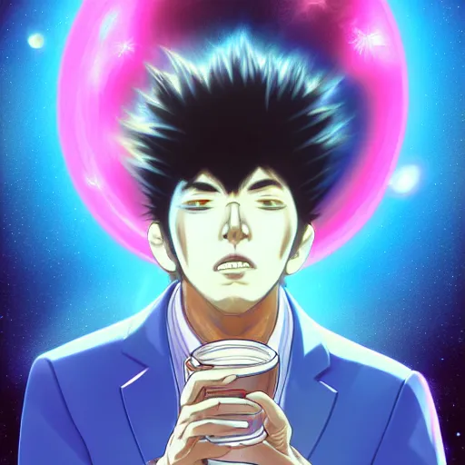 Image similar to A man drinking a cup of cosmic energy bright light by Masafumi Harada, 4k, digital art, surreal, anime style, space dandy style, highly detailed, godsend, artstation