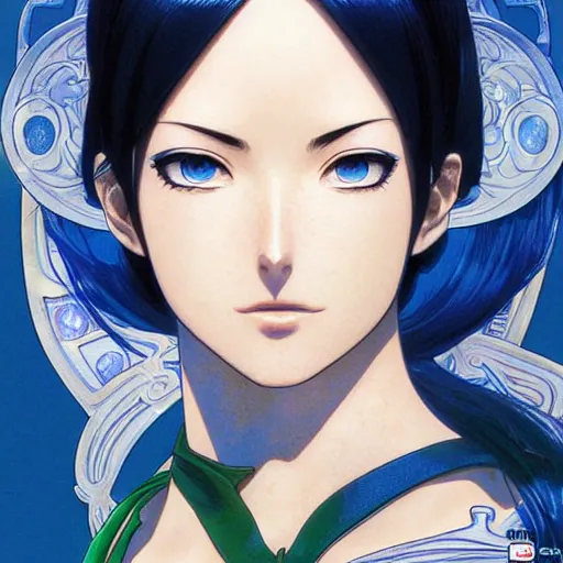 Image similar to highly detailed vfx portrait of nico robin by eiichiro oda!, makoto shinkai, alphonse mucha, sharp focus, art by artgerm and greg rutkowski!, backlit, harsh overhead sunlight, blue eyes!!, large aquiline nose!!, kaoru mori, best of behance,