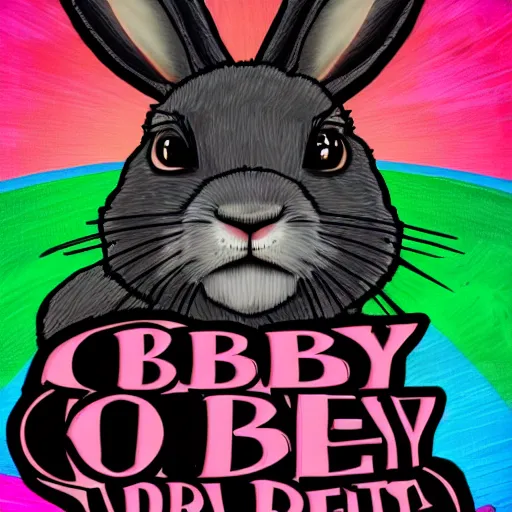 Prompt: a picture of a rabbit with the text obey in the bottom part