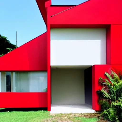 Prompt: a modern red house in brazil, architecture