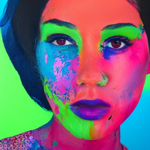 Image similar to a painting of a woman's face created by throwing colourful paint at a wall