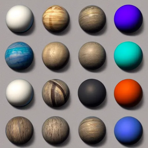 Prompt: array of orbs rendered in 3 d made of wood, silicone, glass and rock. blender texture pack, textures, cgsociety, artstation, sketchfab