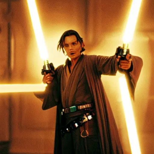 Prompt: awe inspiring Johnny Depp as a Jedi Master wielding a golden lightsaber Star Wars movie still 8k hdr amazing lighting