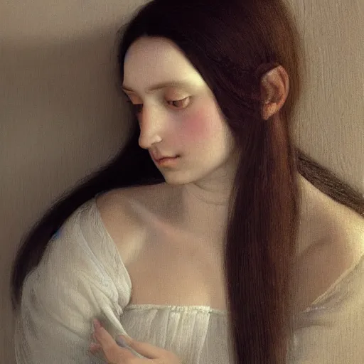 Prompt: A dreamy sleepy young woman with long dark hair, portrait art by caspar david friedrich and balthus, highly detailed, oil painting, concept art, illustration, dim lighting with twilight rays of sunlight coming through the window with closed shutters, trending on artstation, very detailed, smooth, sharp focus, octane render