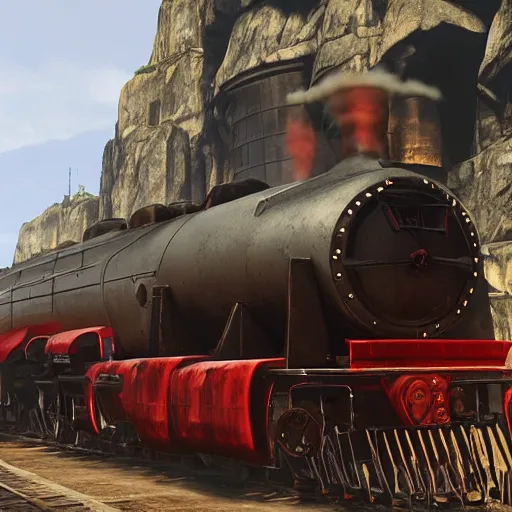 Image similar to futuristic sleek steam locomotive in red dead redemption 2