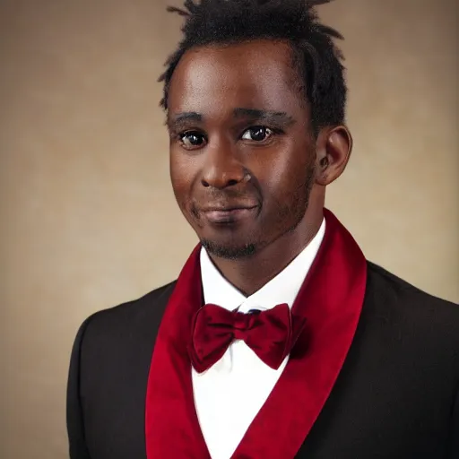 Image similar to realistic photo portrait of a black male anthropomorphic fox with long black hair over his collar bone, wearing a dark red colored tuxedo