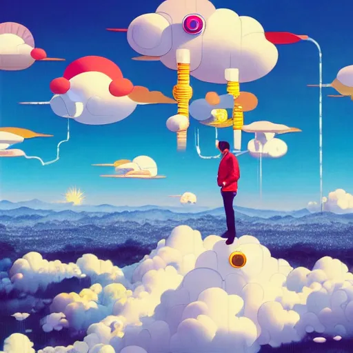 Image similar to a man walking on clouds away from the camera above kyoto by takashi murakami, beeple and james jean, aya takano color style, 4 k, super detailed, modern, 4 k, symmetrical