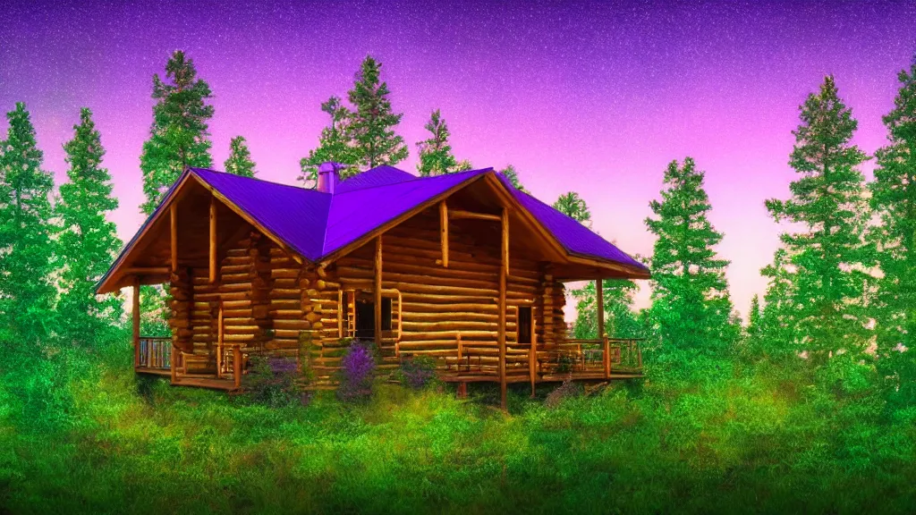 Image similar to portrait of an ethereal vaporwave log cabin made of golden purple and green light, evergreen forest, divine, cyberspace, mysterious, high-contrast, 4k, award-winning photograph