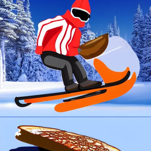 Prompt: a canadian hoser jumping a snowmobile over a giant stack of maple syrup pancakes, photorealistic, hyper realistic