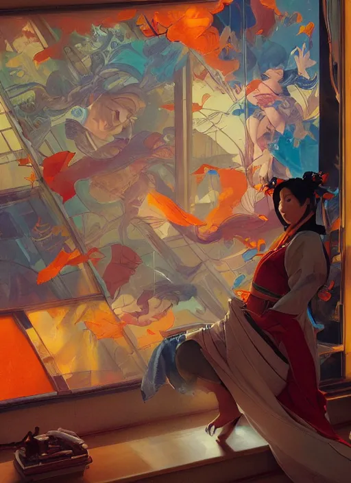 Image similar to view through window, mulan, orange, splash aura in motion, floating pieces, painted art by tsuyoshi nagano, greg rutkowski, artgerm, alphonse mucha, spike painting