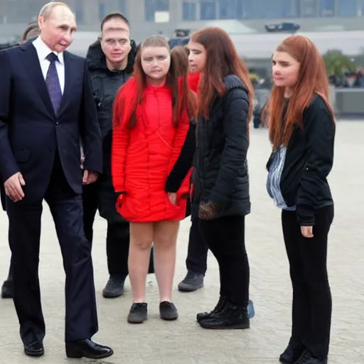 Image similar to putin teams up with a mysterious teenage girls