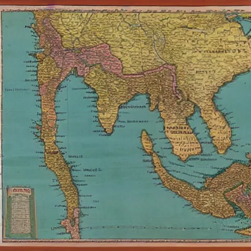 Image similar to map of mainland southeast asia, zoom in burma thailand laos cambodia and vietnam, 1 7 th century, high accuracy, fantasy, based on geographical map,