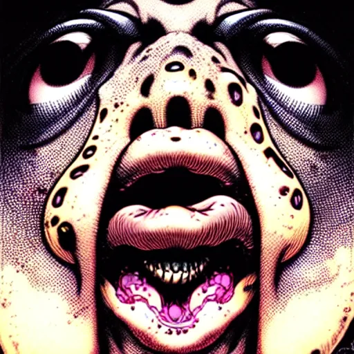 Image similar to closeup of face melting and tongues, by yoichi hatakenaka, masamune shirow, josan gonzales and dan mumford, ayami kojima, takato yamamoto, karol bak